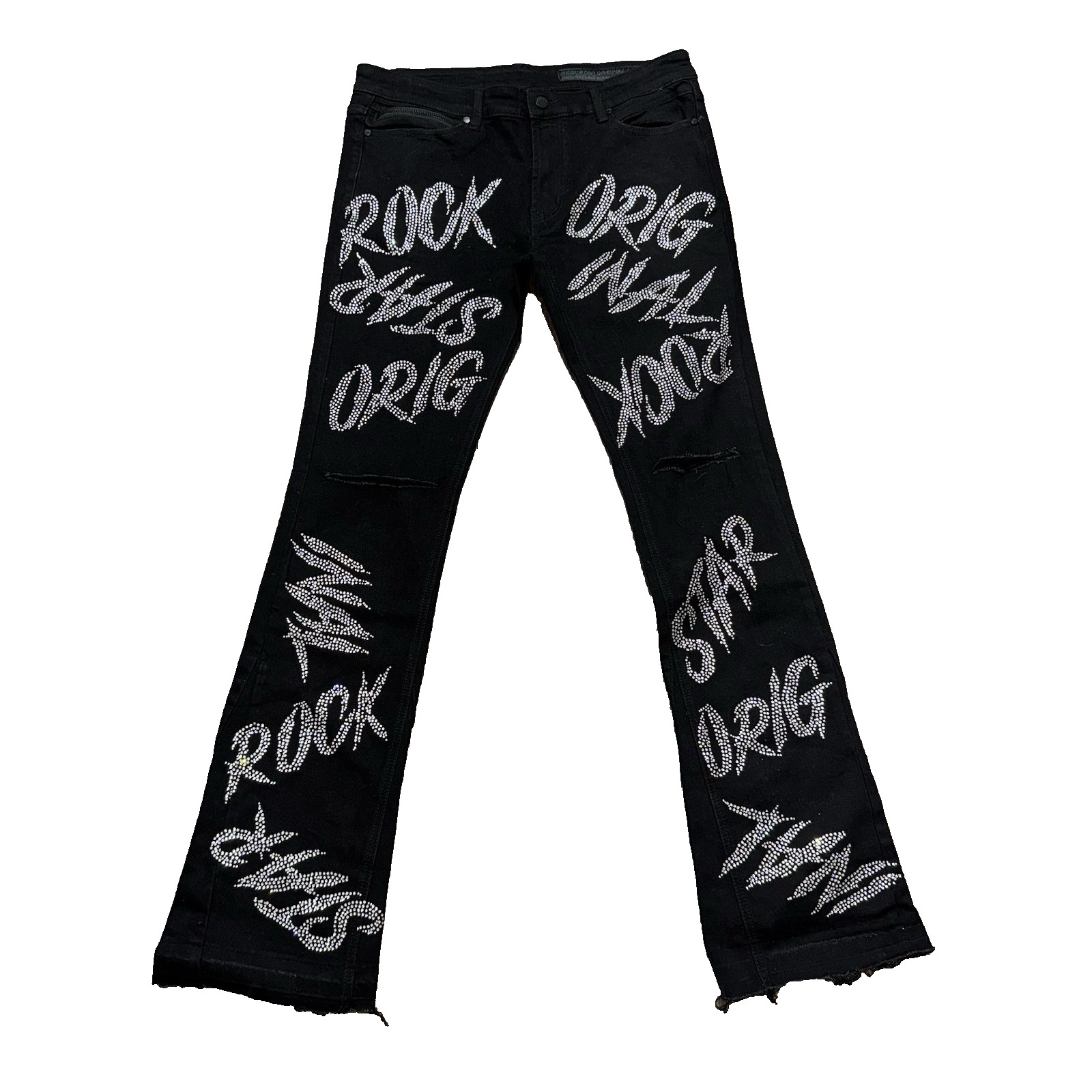Rockstar Original Cato Graphic Stacked Flared Jeans Black Rhinestone Mens 36
